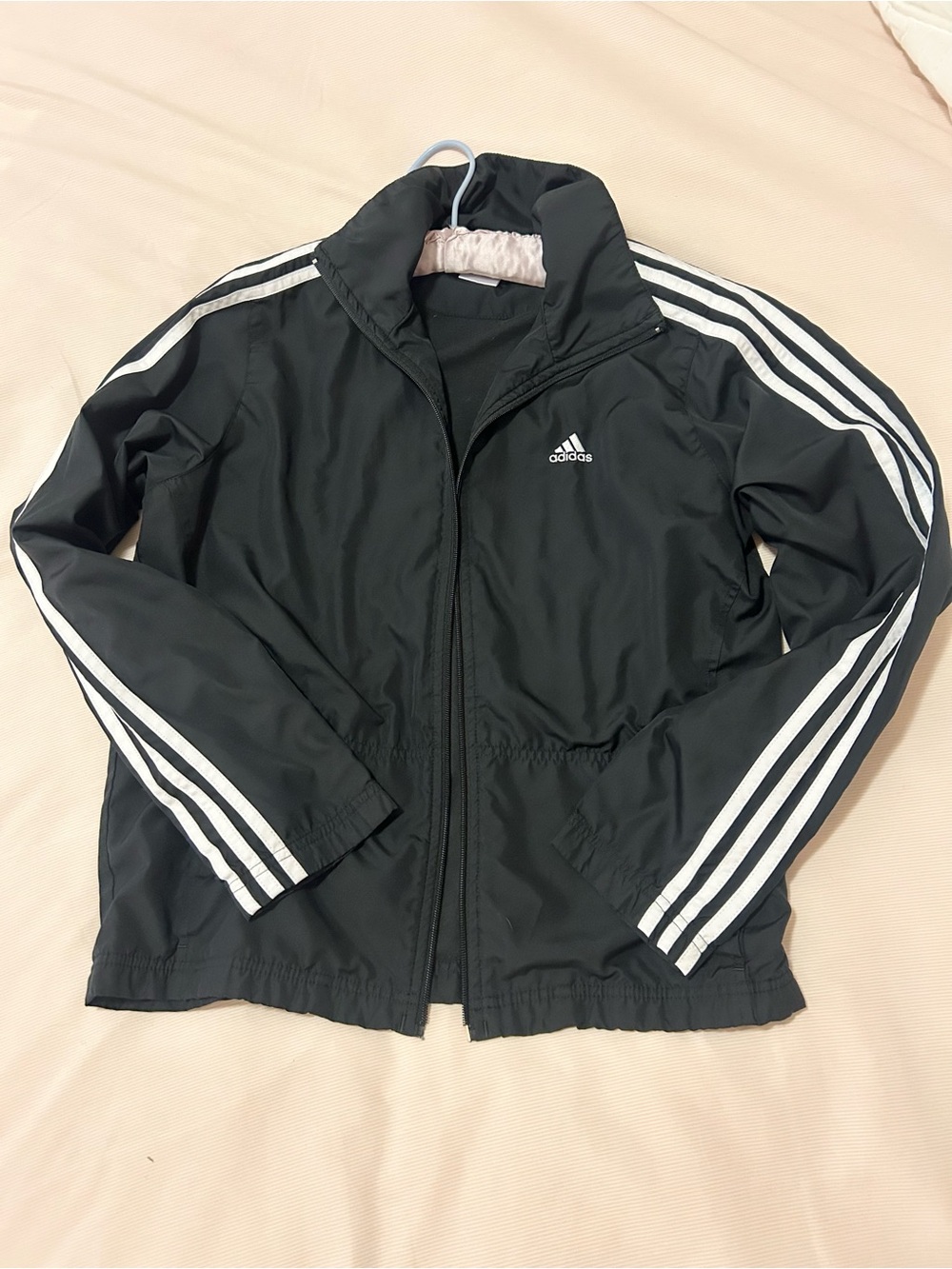 Adidas Black Track Jacket with White Stripes broken zipper